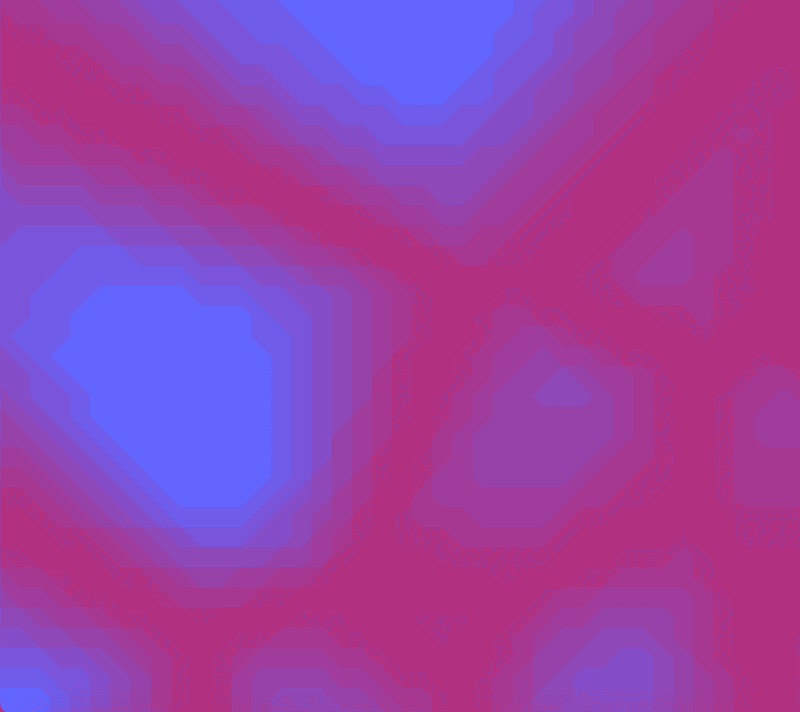 Difference between n=0 and n=1 noise with marching squares and varying thresholds.